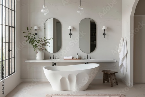 Clean white bathroom with scallop edge mirrors and minimal decor