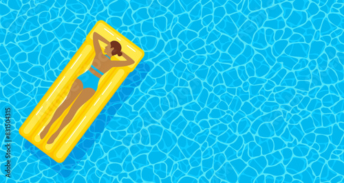 Beautiful woman in a swimsuit floating on a yellow inflatable mattress in the pool, top view. Flat vector illustration with copy space