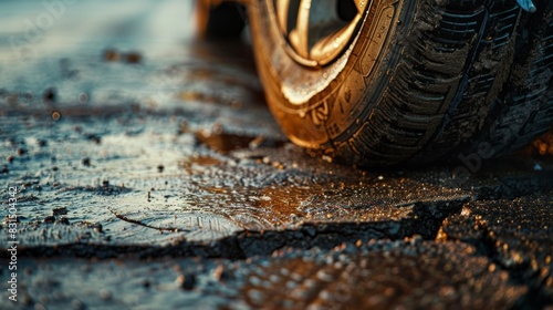Close-up of a car wheel on a bad wet road with cracks in the asphalt