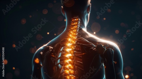 Detailed visualization of spine health, man suffering from back pain, highlighted spine glowing in bright colors.
