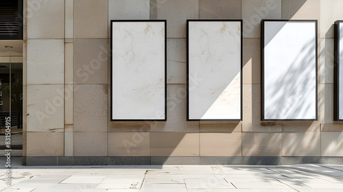 13w three blank poster frames next to a marble wall, in the style of outdoor art, multiple screens, minimalist strokes, lightbox, phoenician art, streetscape, light brown photo