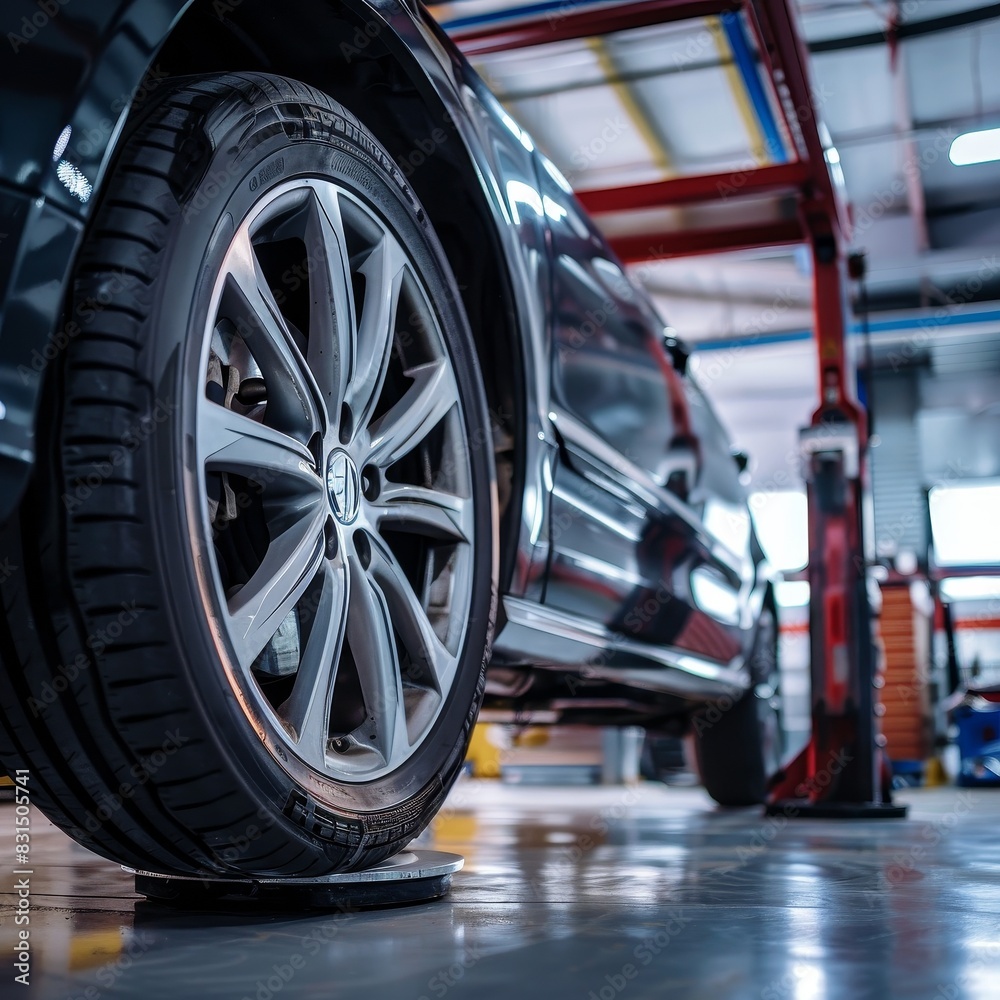Fototapeta premium Professional Car Maintenance: Tire being Serviced on a Lift at Auto Repair Shop