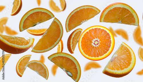 A dynamic display of three lemon slices frozen mid-air, surrounded by a lively splash of water, set against a vibrant red backdrop