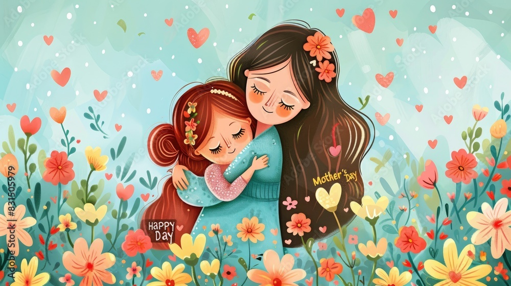 A mother and daughter hugging, surrounded by flowers in the style of cartoon, with the words 