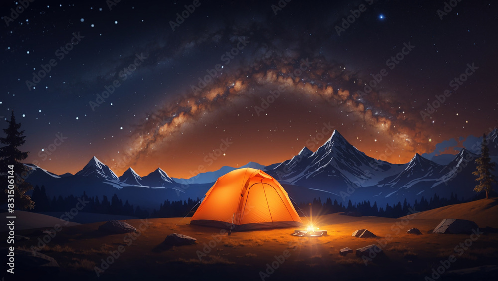 There is a tent in the middle of a field. There is a campfire in front of the tent and a starry night sky above.