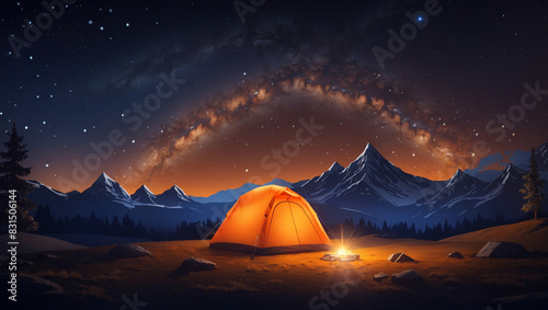 There is a tent in the middle of a field. There is a campfire in front of the tent and a starry night sky above. photo