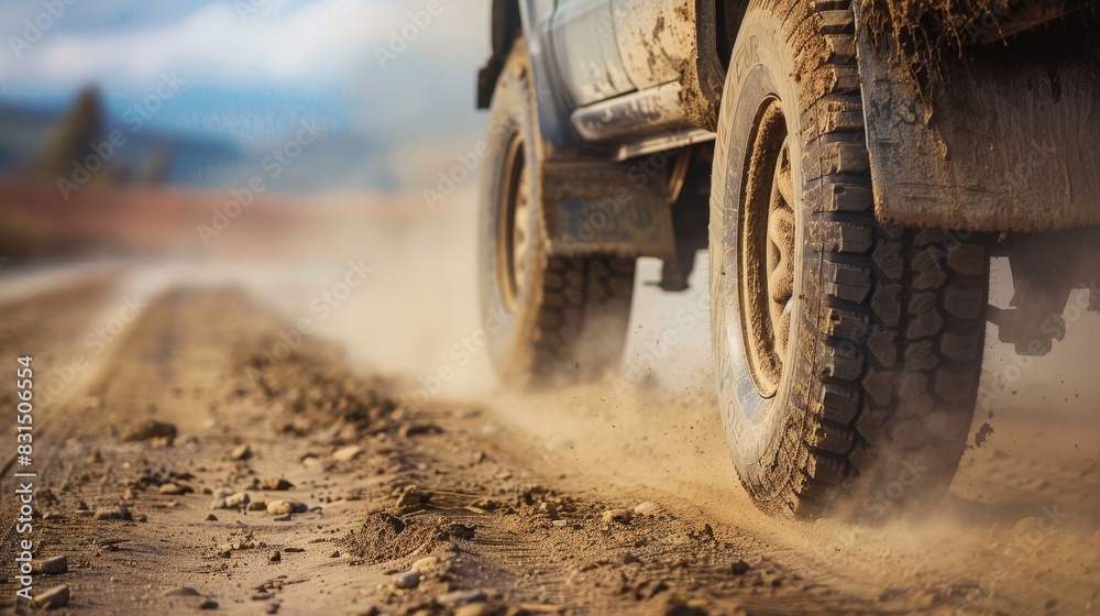 Off-Road Adventure: Truck Tire Rolling on Dusty Country Road Off-Road Adventure: Truck Tire Rolling on Dusty Country Road