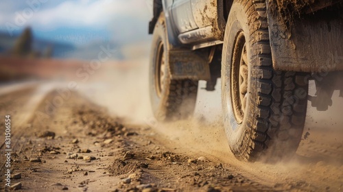 Off-Road Adventure: Truck Tire Rolling on Dusty Country Road