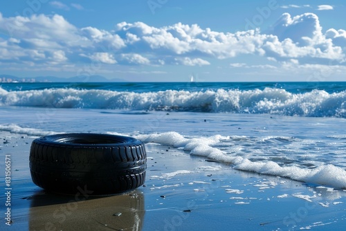 Car tire on a beach with waves in the background