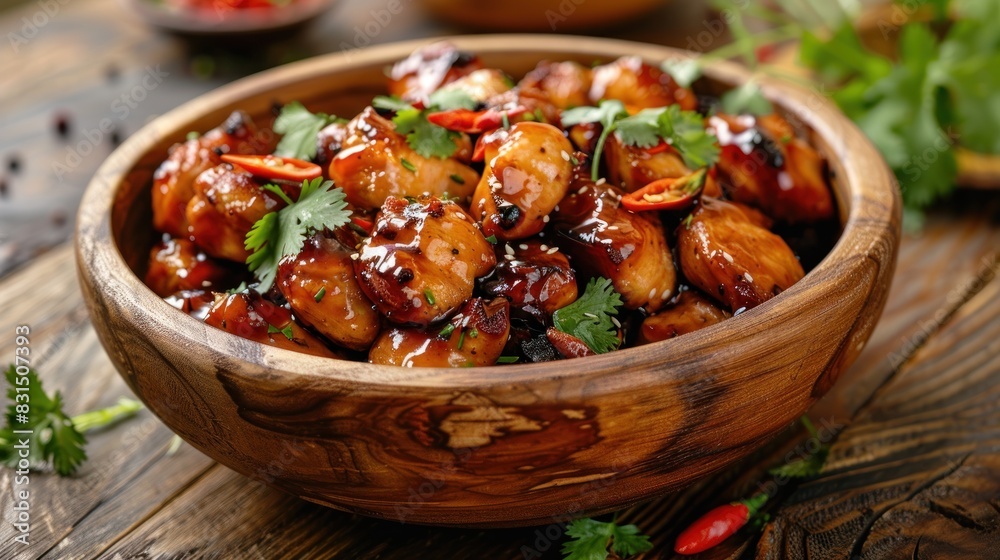 A wooden bowl filled with savory, stir-fried chicken pieces coated in a flavorful reddish-brown sauce, garnished with fresh cilantro leaves and sliced chilies - AI Generated Digital Art A wooden bowl filled with savory, stir-fried chicken pieces coated in a flavorful reddish-brown sauce, garnished with fresh cilantro leaves and sliced chilies - AI Generated Digital Art