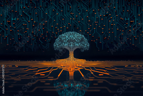 A digital teal tree lit up with orange circuit roots in the shape of digital motherboard lines, technological background design.