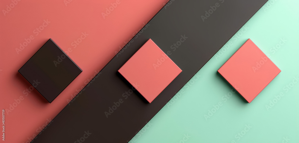 Abstract background with aligned square shapes in coral, black, and mint, creating a striking and dynamic design. Abstract background with aligned square shapes in coral, black, and mint, creating a striking and dynamic design.
