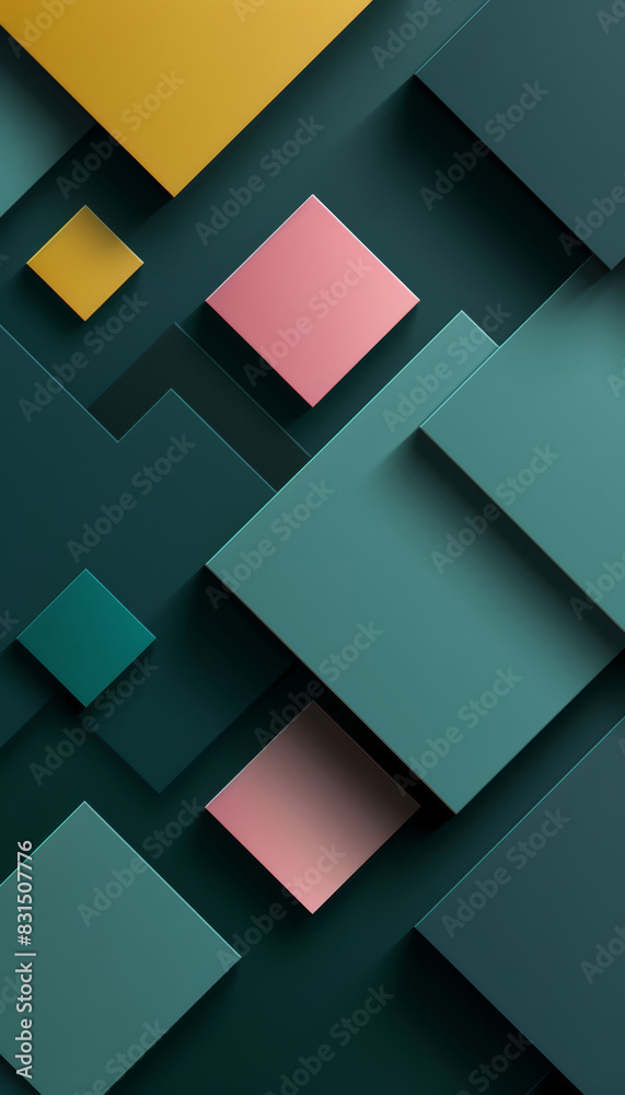 Abstract background with layered teal, yellow, and pink geometric square shapes, creating a vibrant and dynamic design with copy space for text.