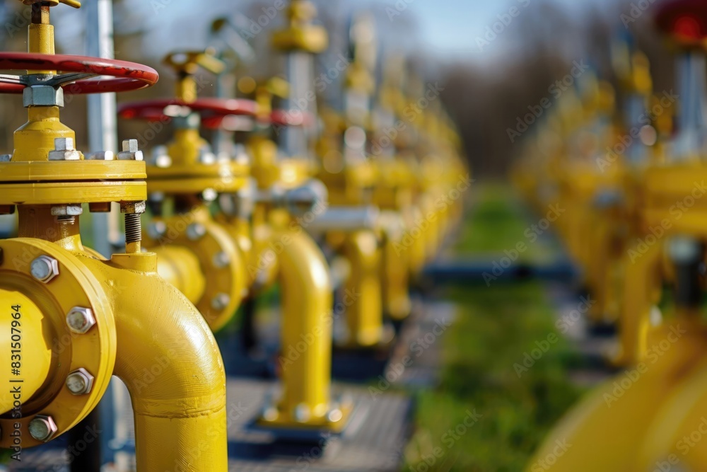 A row of yellow pipes with red valves