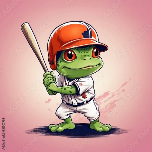 Cute baby frog baseball player Vector Logo little animal character, illustration simbol print