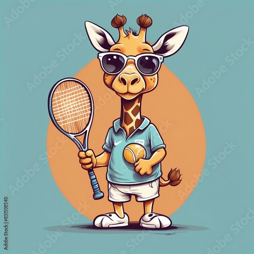Cute baby giraffe tennis player Vector Logo little animal character, illustration simbol print