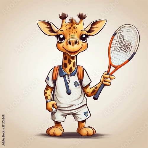 Cute baby giraffe tennis player Vector Logo little animal character, illustration simbol print