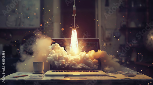 a laptop on a table, and from the laptop screen, a rocket appears to be launching, creating an illusion that it’s taking off directly from the device photo