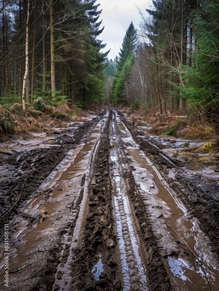 Fototapeta premium Into the Wilderness - Tire Tracks on Muddy Dirt Road Leading into Forest