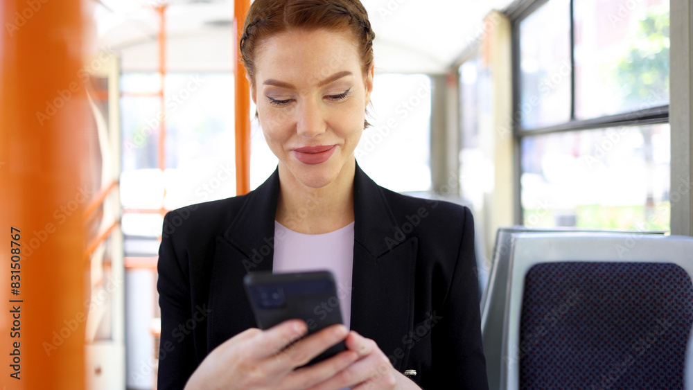 Young businesswoman surfing the net while commuting in a bus Young businesswoman surfing the net while commuting in a bus