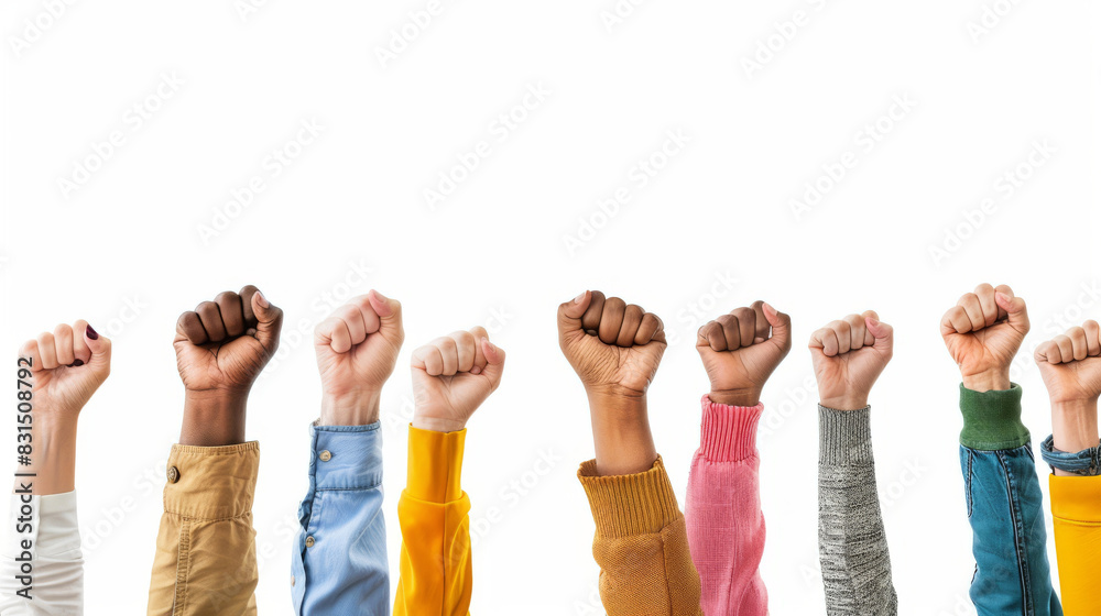 Fototapeta premium Powerful image of raised fists in different skin tones symbolizing unity and diversity