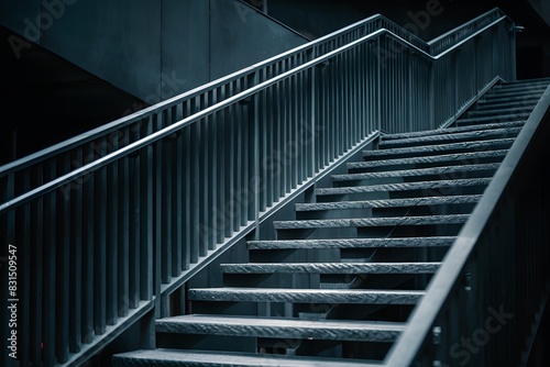 Dimly lit staircase with textured stairs, metal railing, creating mysterious ambiance