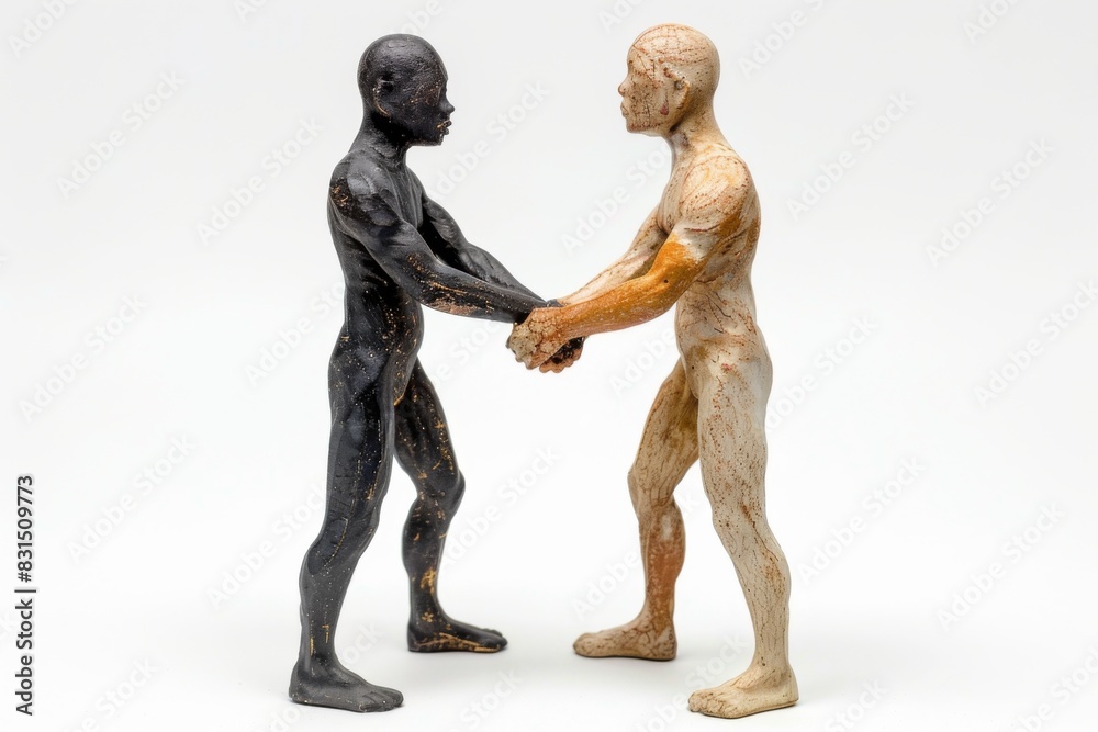 Two figures shaking hands in a symbolic gesture on a white background Two figures shaking hands in a symbolic gesture on a white background