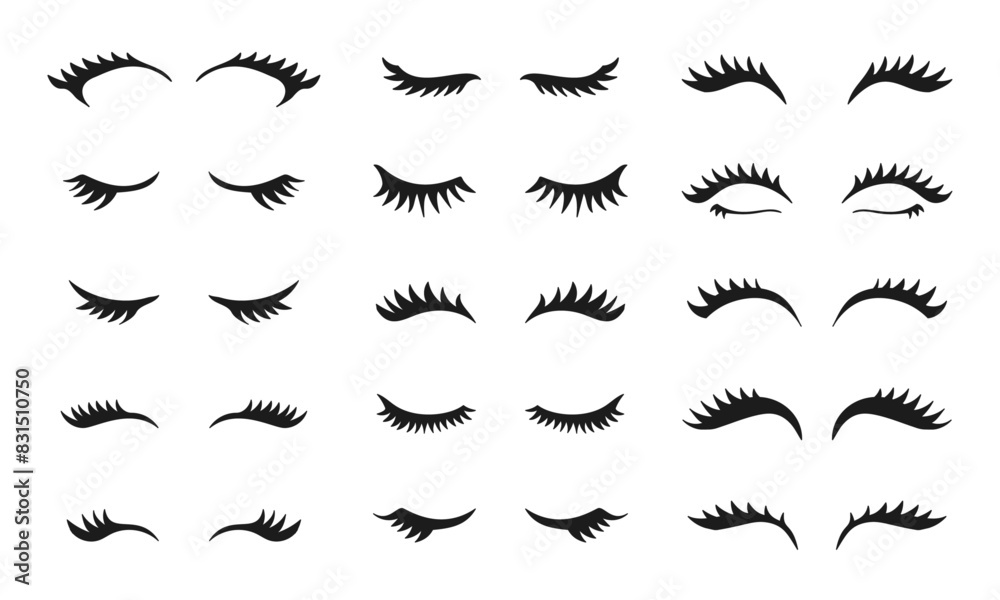Closed girl eyes and eyelashes. Various closed eye with beautiful black eyelashes, mascara beauty face makeup line vector set Closed girl eyes and eyelashes. Various closed eye with beautiful black eyelashes, mascara beauty face makeup line vector set