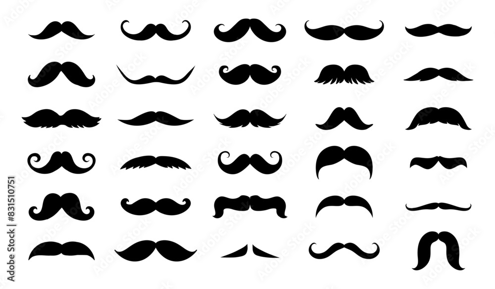 Men mustache. Black silhouette of curly facial hair, fun hipster logo, retro male whiskers, mustache shave and barber symbols collection. Vector isolated set