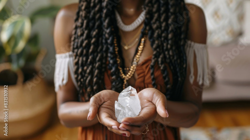 Close-up of a woman s hands presenting a large quartz crystal  symbolizing healing and spirituality