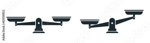 Scale and balance icons. Comparison of weight on libra of justice. Logo for justice, judge, legal. Illustration of acquit, lawsuit, attorney and sentence. Vector photo