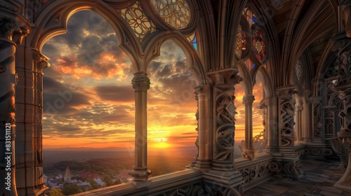 Neo-Gothic archivolts with intricate carvings and stained glass, set against a dramatic sunset sky. photo