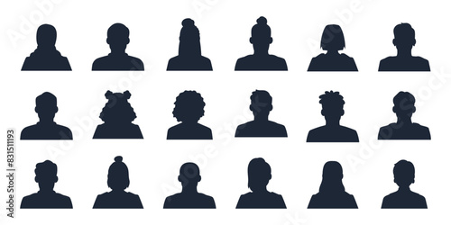 Avatar silhouettes, people profile heads of man and woman. User portrait or person vector avatar silhouette in social net, male and female avatar face picture default in black