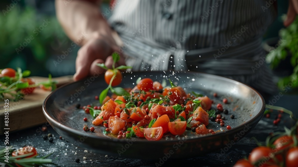A chef seasoning a vibrant, fresh tomato salad with herbs and spices on a rustic plate, ready for serving. A chef seasoning a vibrant, fresh tomato salad with herbs and spices on a rustic plate, ready for serving.