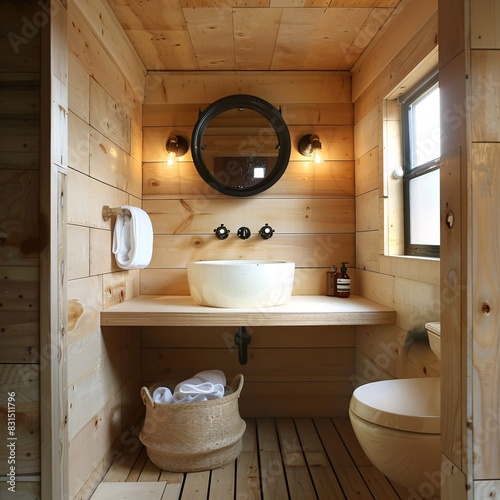 wooden interior of washroom clean mirror white sink 