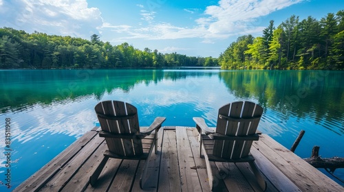Two Adirondack chairs are positioned on a wooden dock, facing a serene, blue lake