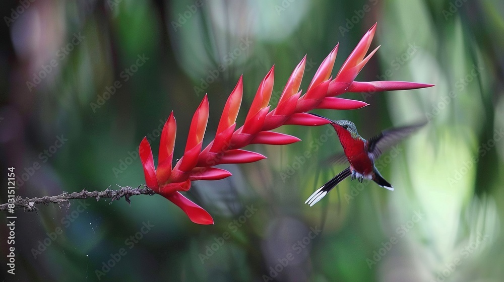 A hummingbird flutters near a vibrant red bloom amidst a hazy, verdant forest backdrop A hummingbird flutters near a vibrant red bloom amidst a hazy, verdant forest backdrop