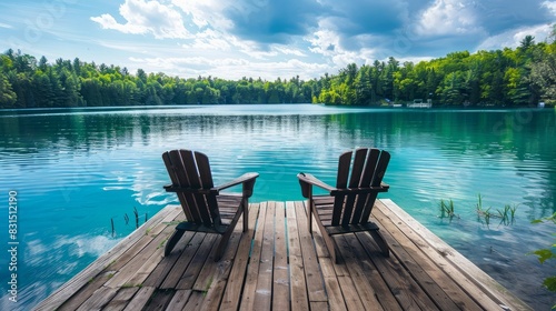 Two Adirondack chairs are positioned on a wooden dock, facing a serene, blue lake