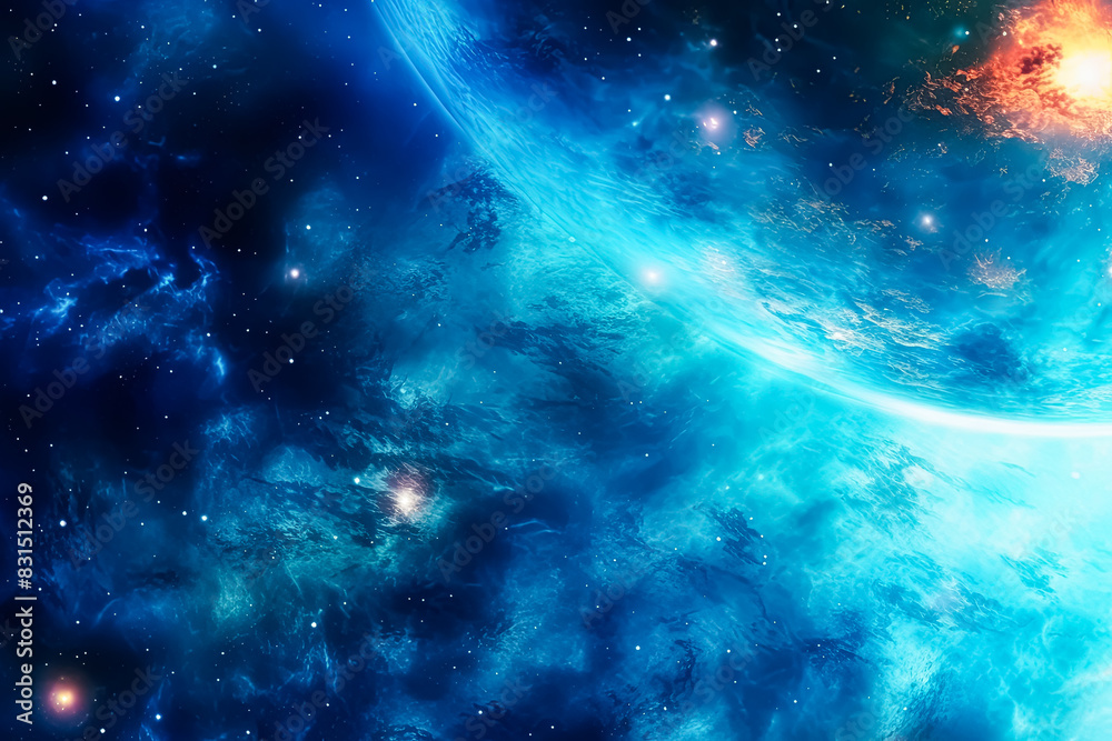 Naklejka premium A blue and white space with two planets and a lot of rocks.