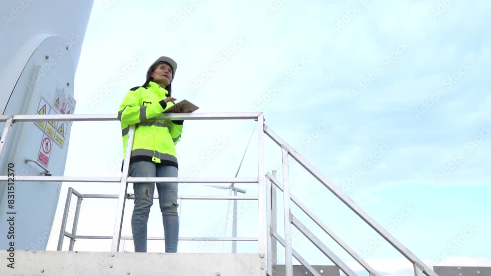 Service engineers checking wind turbine on tablet on wind turbine farm Power Generator on background Station on mountain,Clean energy concept Service engineers checking wind turbine on tablet on wind turbine farm Power Generator on background Station on mountain,Clean energy concept
