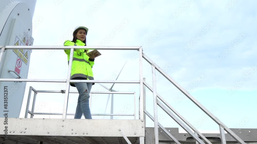 Service engineers checking wind turbine on tablet on wind turbine farm Power Generator on background Station on mountain,Clean energy concept Service engineers checking wind turbine on tablet on wind turbine farm Power Generator on background Station on mountain,Clean energy concept