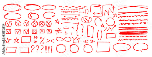 Set of various arrows, symbols, punctuation marks asterisks colons, underscores, crossings drawn in red chalk or pencil. Vector elements strokes pencil or charcoal bubbles wavy lines, swoosh photo