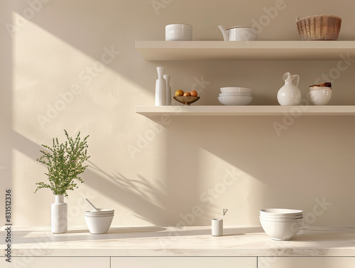 Shelves on a pale beige wallin the kitchen  modern interior.