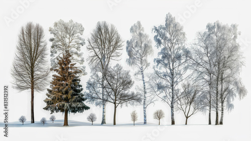 A collection of ten different tree in the winter time, isolated on a white background, excellent for architectural design project.