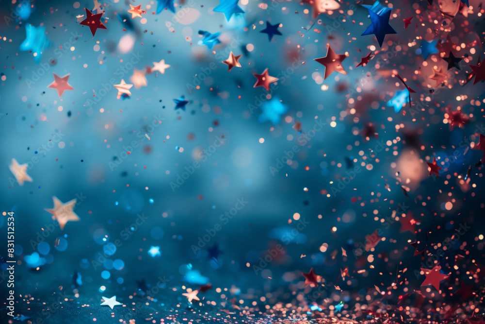 blue white and red star shaped glitter falling on blue background, with copy space , 4th of July celebration blue white and red star shaped glitter falling on blue background, with copy space , 4th of July celebration