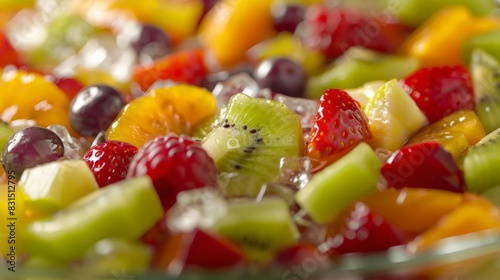 Macro shot of a colorful fruit salad with kiwi, strawberries, raspberries, and citrus in a glass bowl on a bright background. Great for summer desserts.