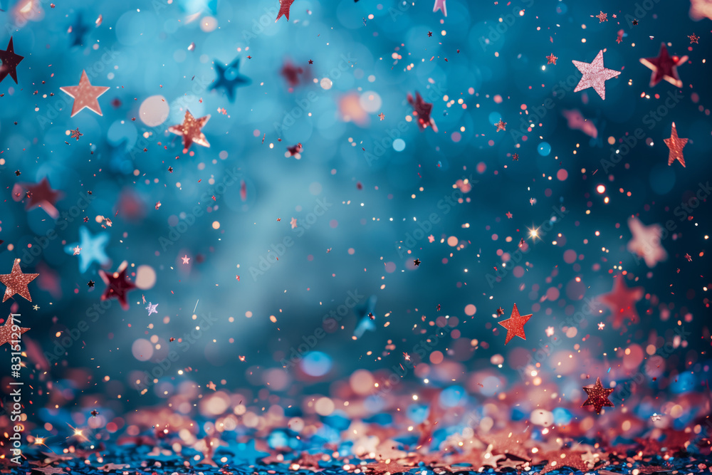 blue white and red star shaped glitter falling on blue background, with copy space , 4th of July celebration blue white and red star shaped glitter falling on blue background, with copy space , 4th of July celebration