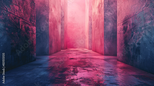 A long, narrow hallway with pink walls and a pink floor photo