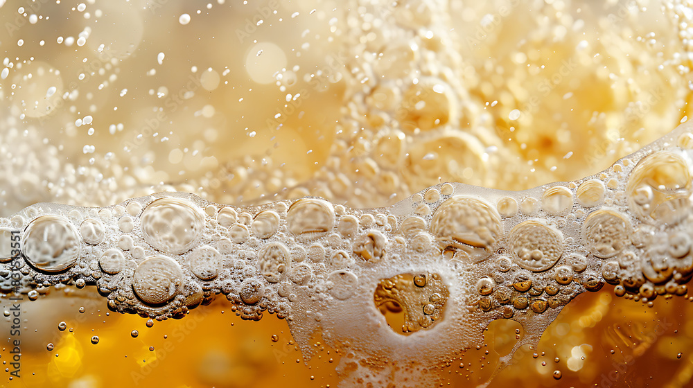 a close-up view of a frothy liquid, possibly a beverage like beer. The golden-yellow background suggests that the liquid is translucent