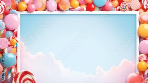 frame from candy on a pink, white background. lollipop, caramel and sweets. party invitation card. Place for text.